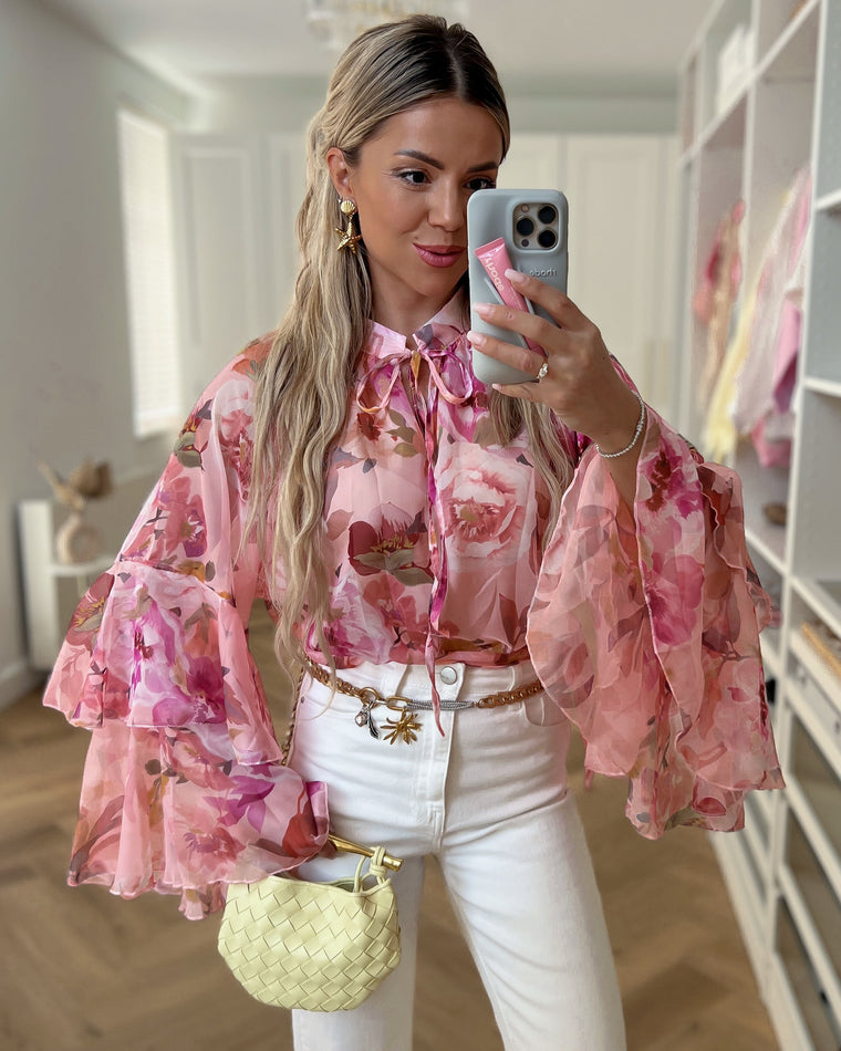 FLORA - Floral Ruched Top in Pink