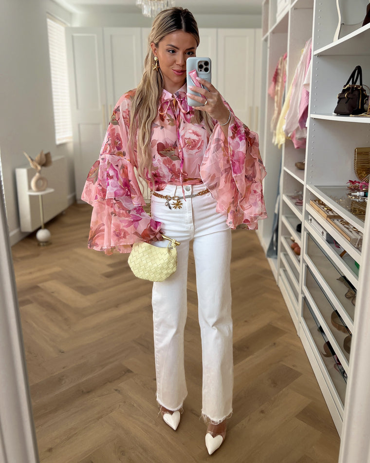 FLORA - Floral Ruched Top in Pink