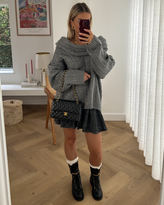SALE - GEORGINA Plaid Tennis Skirt with Buckles in Grey