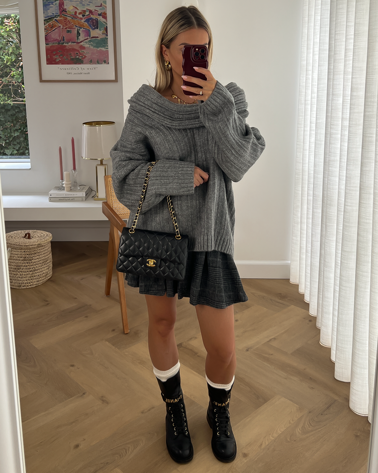 SALE - GEORGINA Plaid Tennis Skirt with Buckles in Grey