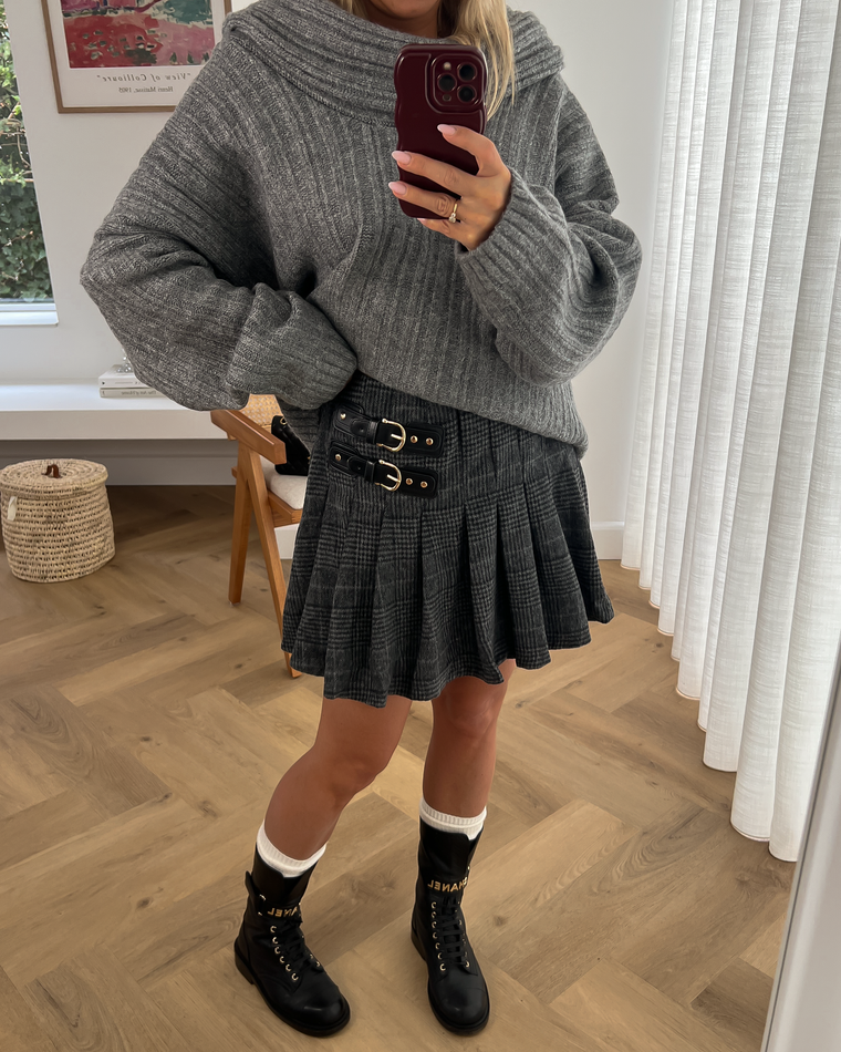 SALE - GEORGINA Plaid Tennis Skirt with Buckles in Grey