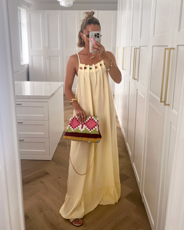 CAMILLE - Beaded Neck Dress in Butter Yellow