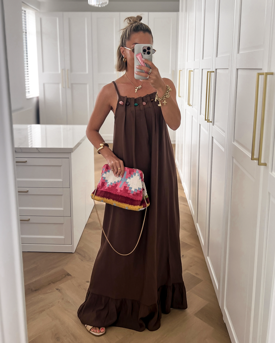 CAMILLE - Beaded Neck Dress in Chocolate Brown