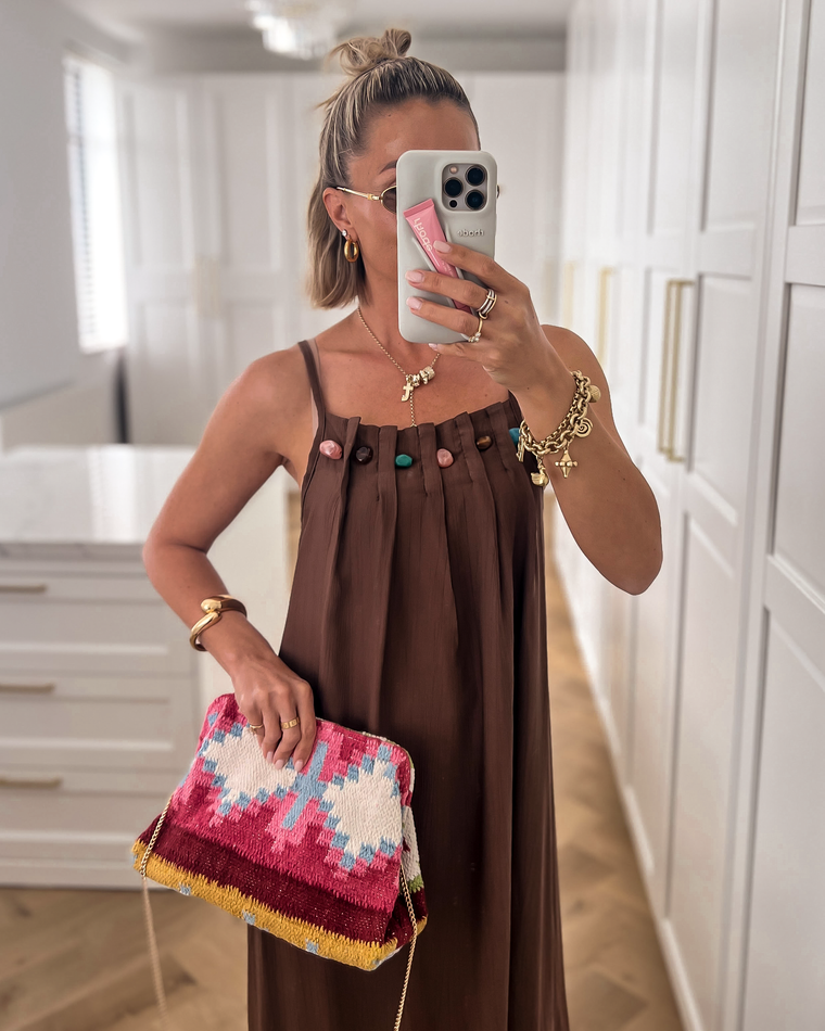 CAMILLE - Beaded Neck Dress in Chocolate Brown