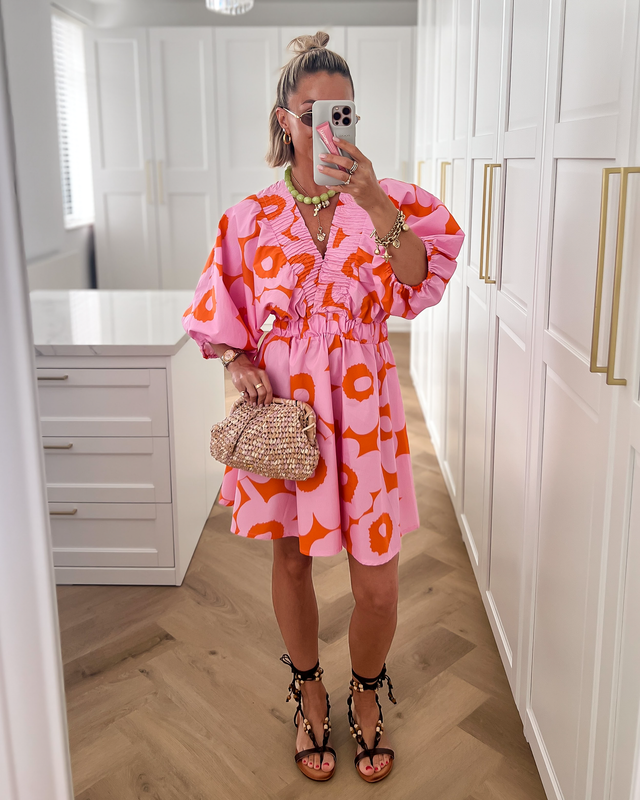 LOTTIE - Puff Sleeve Dress in Pink & Orange