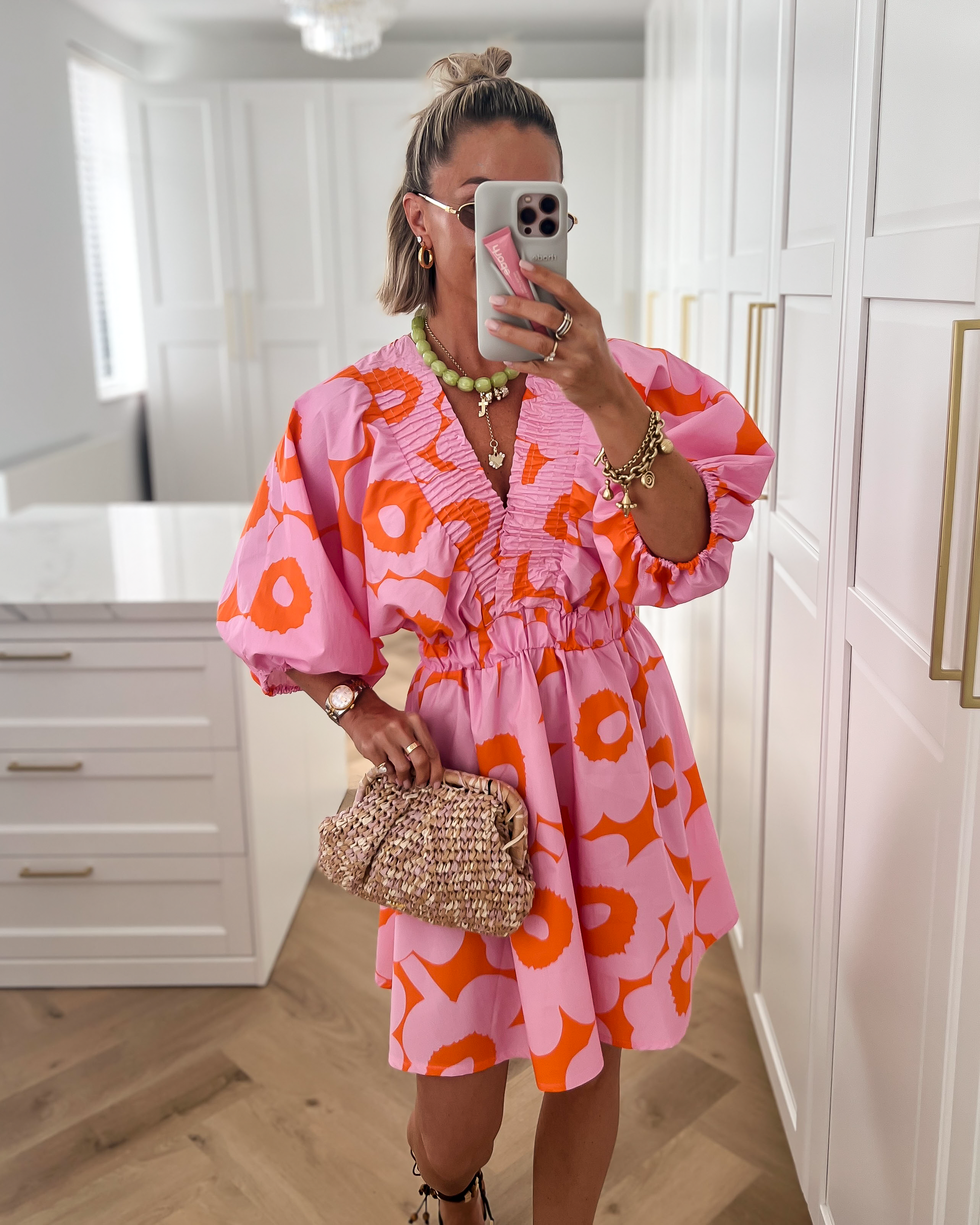 LOTTIE - Puff Sleeve Dress in Pink & Orange
