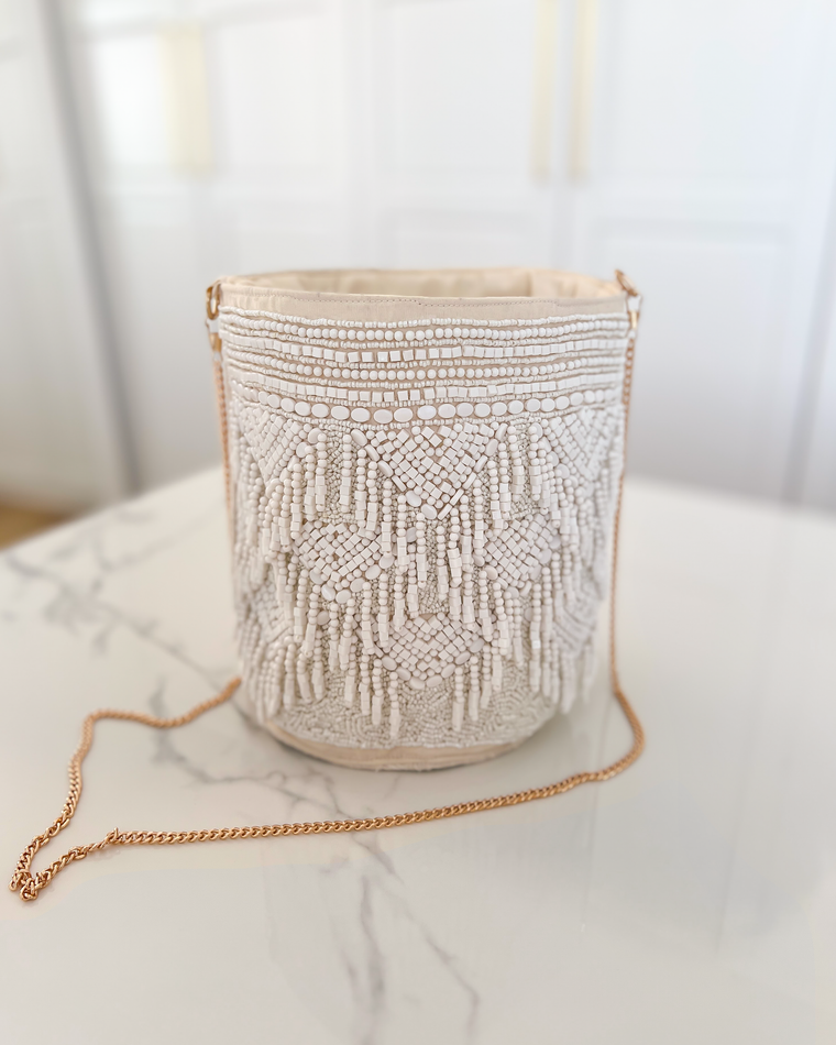 BALI - Beaded Bucket Bag in Off White