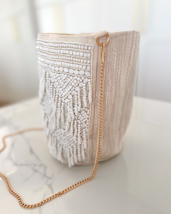 BALI - Beaded Bucket Bag in Off White