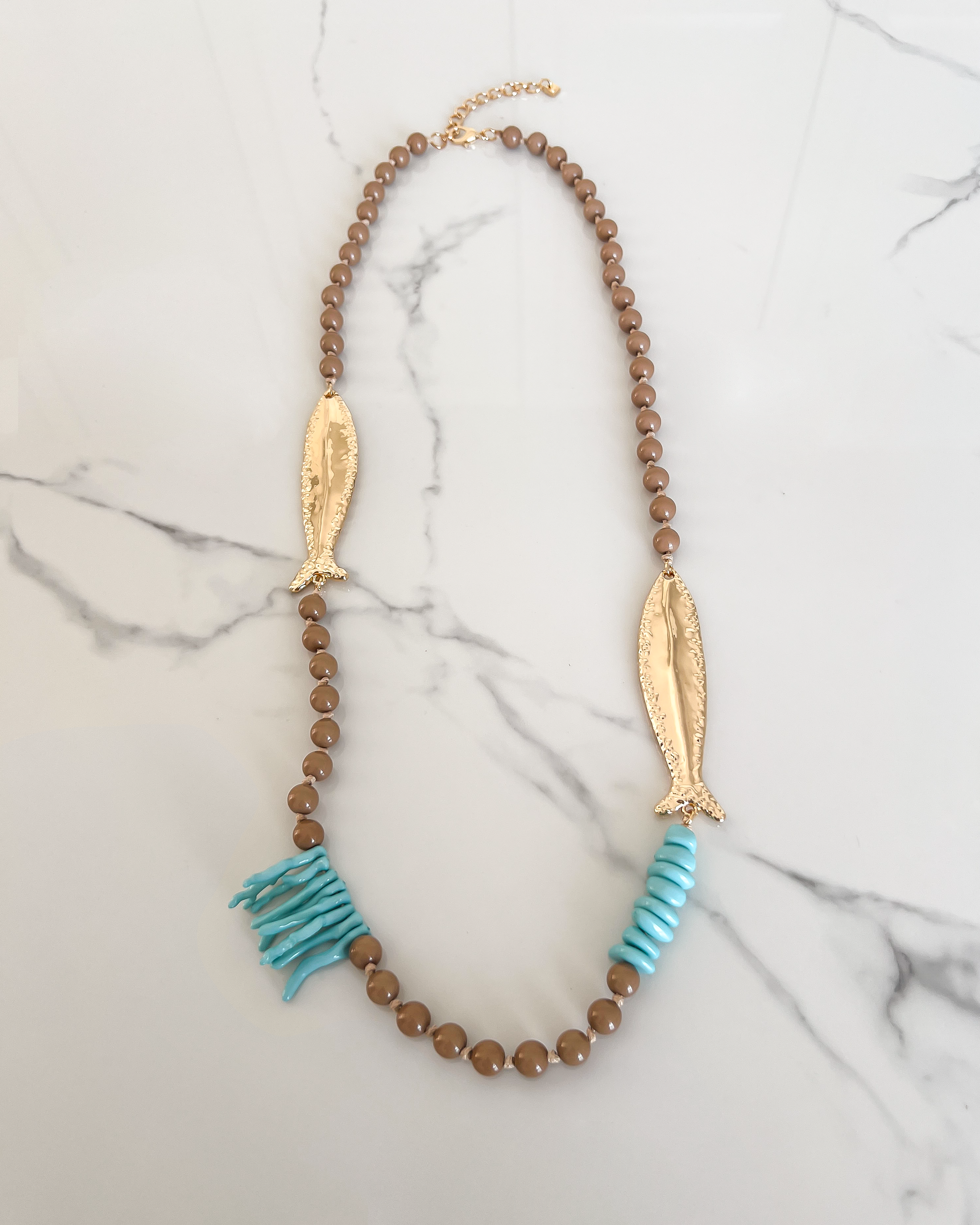 Fish Beaded Necklace in Brown & Gold
