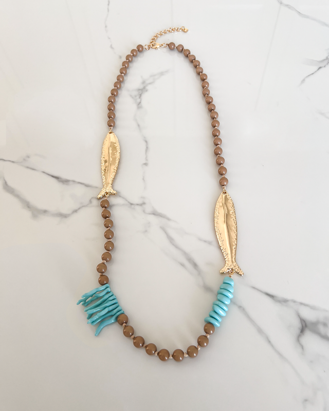 Fish Beaded Necklace in Brown & Gold