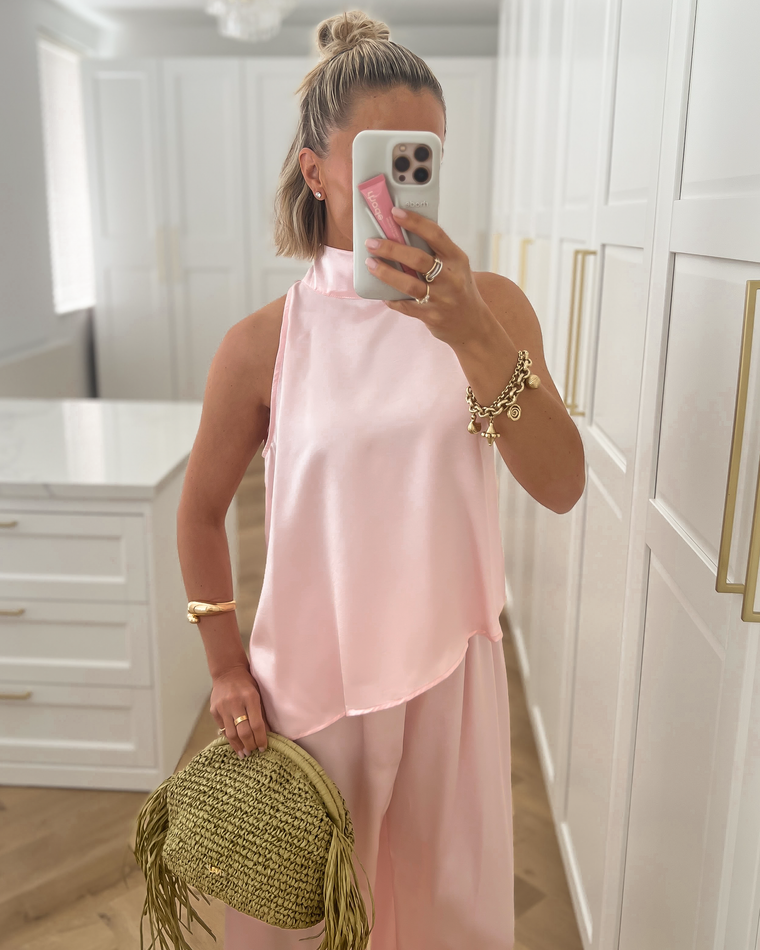 HARPER - Silky Top with Balloon Pants Set in Light Pink