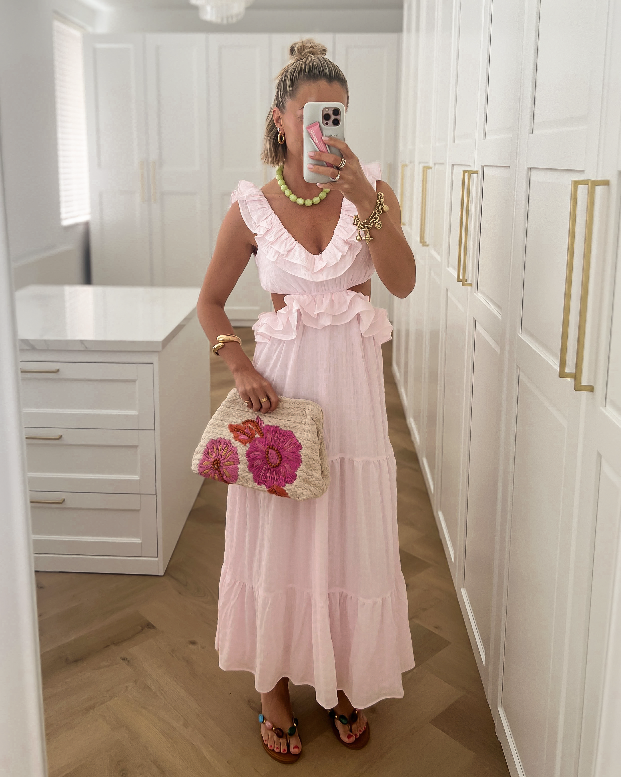 VIVIAN - Ruffle Cut Out Maxi Dress in Light Pink