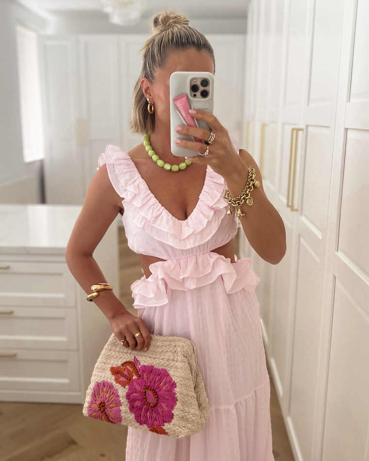 VIVIAN - Ruffle Cut Out Maxi Dress in Light Pink