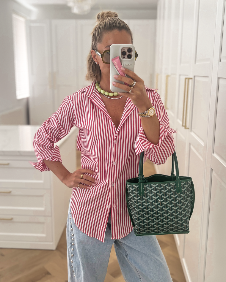 ZOEY - Striped Tie Blouse in Red