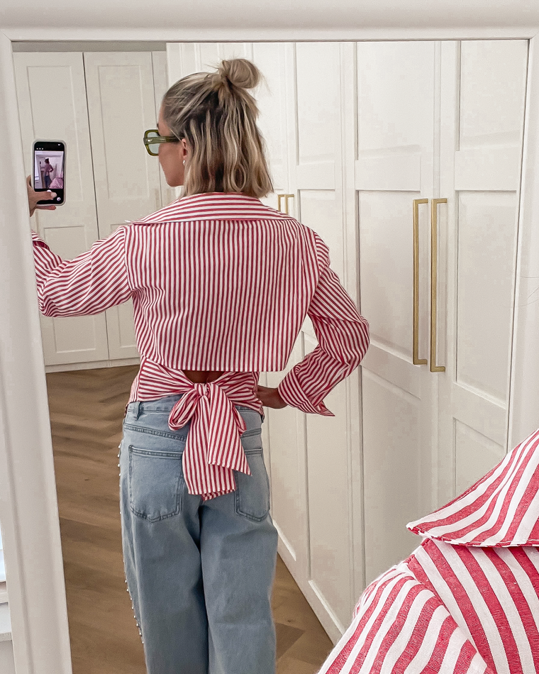 ZOEY - Striped Tie Blouse in Red