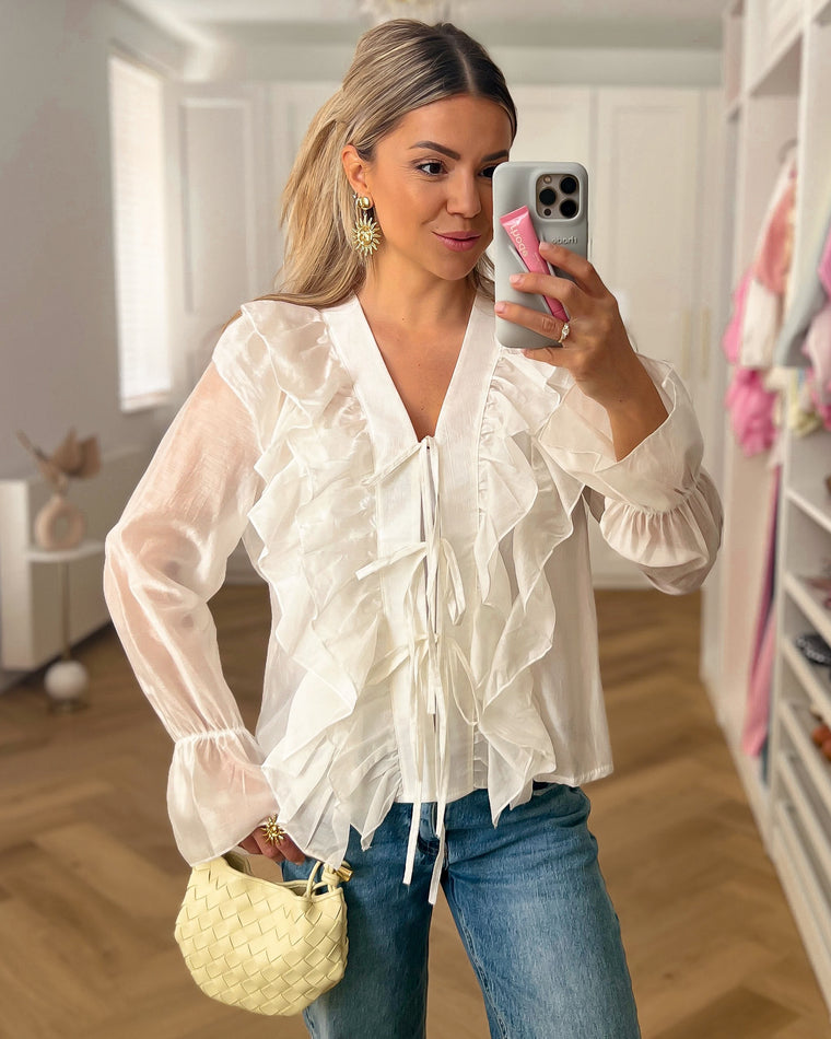 SALE - CLAIRE Volant Blouse Top in Off White