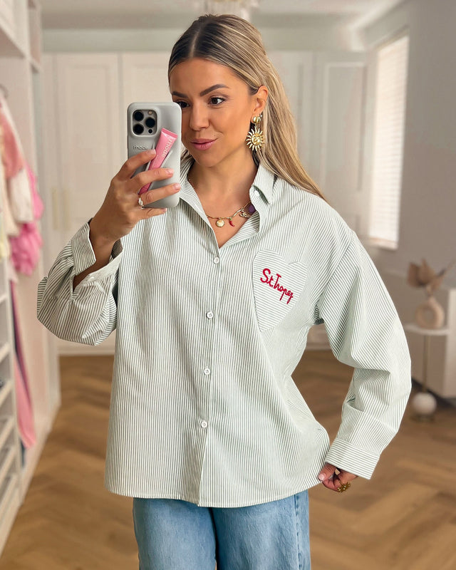 ST. TROPEZ - Embroidered Striped Blouse Top in Green