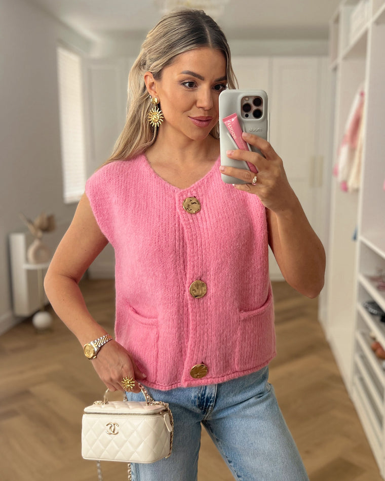 SALE - ORLA Gold Button Cardigan Gilet in Pink