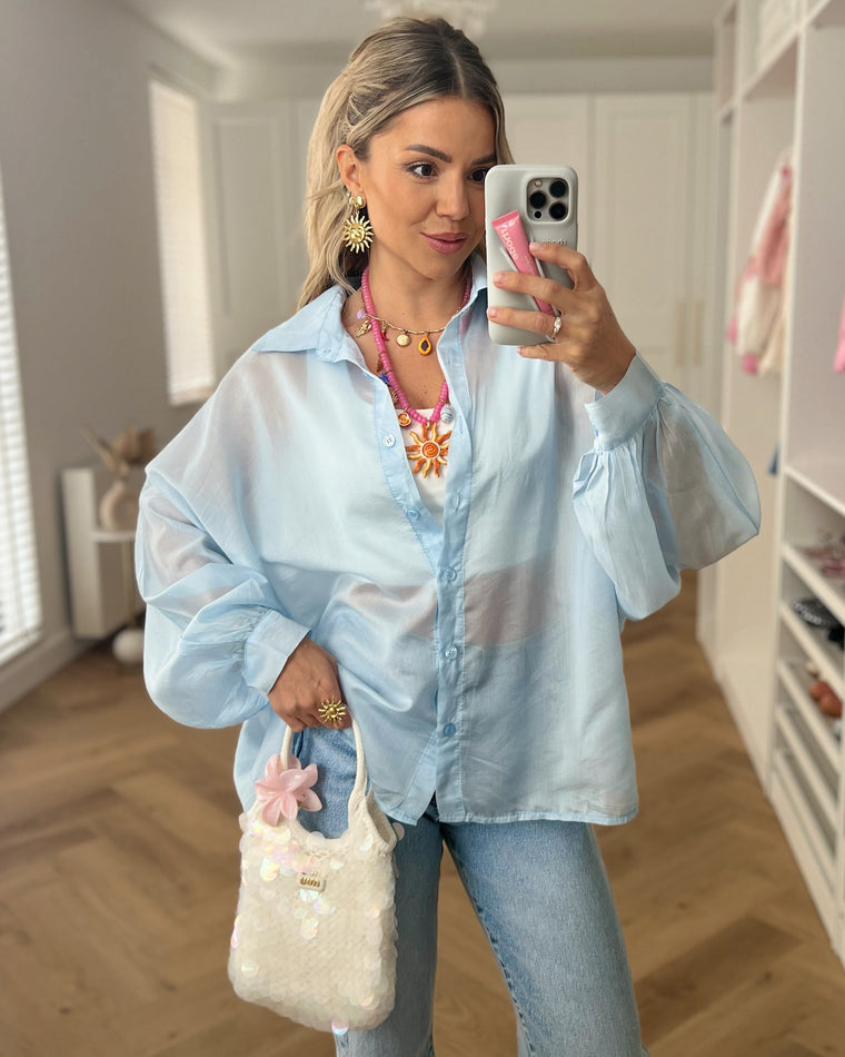 SALE - LINA Sheer Blouse Top in Light Blue