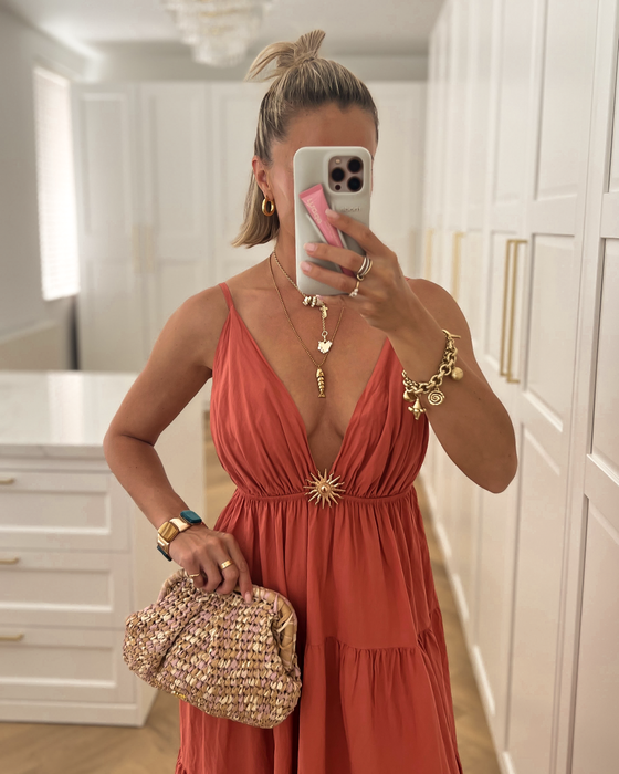 MARISOL - Sun Embellished Dress in Auburn Red