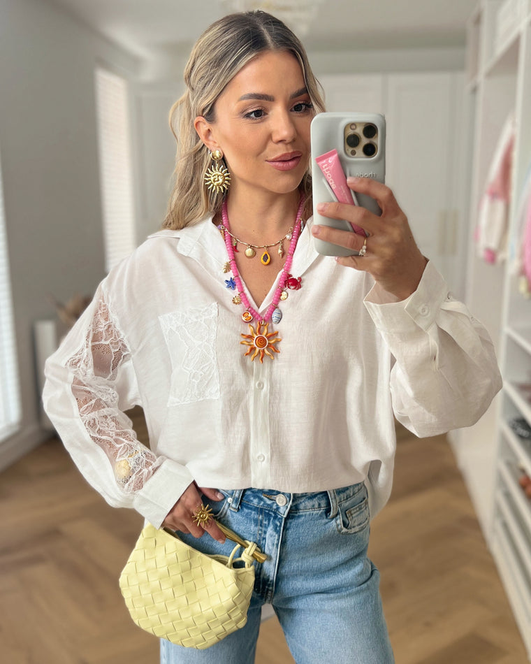 NERINA - Lace Sleeve Blouse Top in Off White