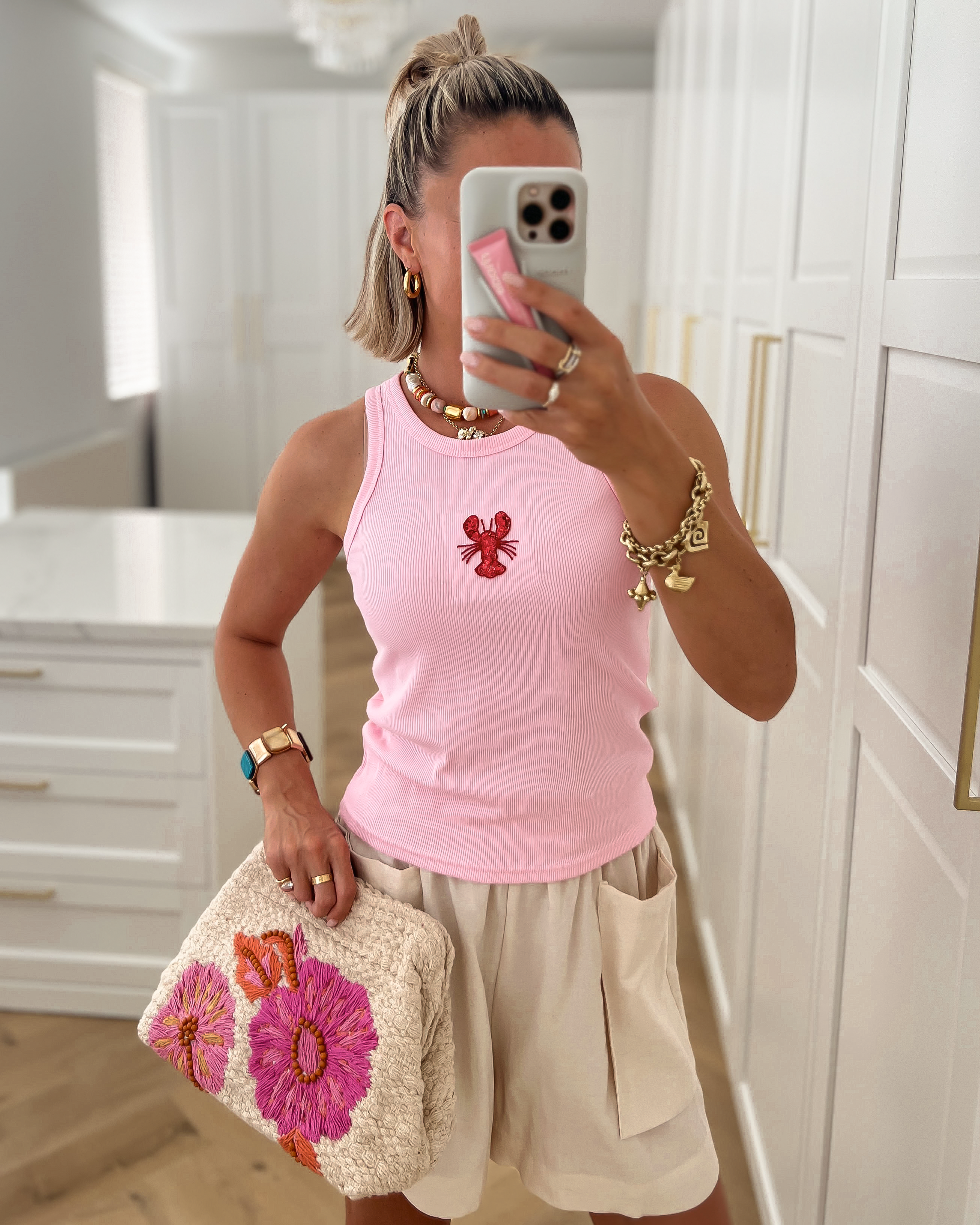 JOY - Lobster Beaded Ribbed Tank in Pink
