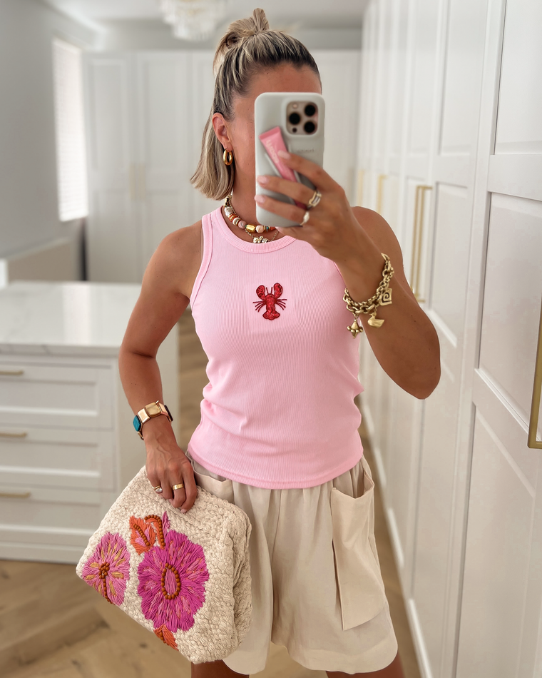 JOY - Lobster Beaded Ribbed Tank in Pink
