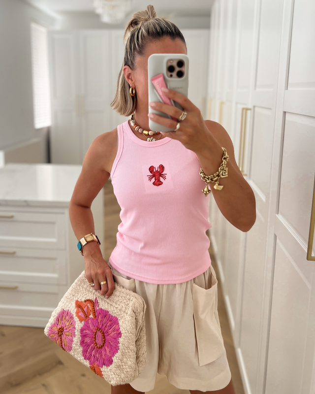 JOY - Lobster Beaded Ribbed Tank in Pink