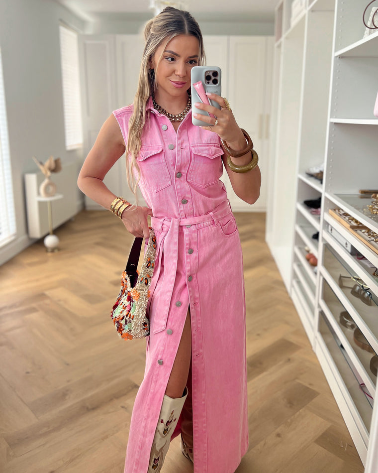 FREYA - Denim Sleeveless Dress in Washed Pink