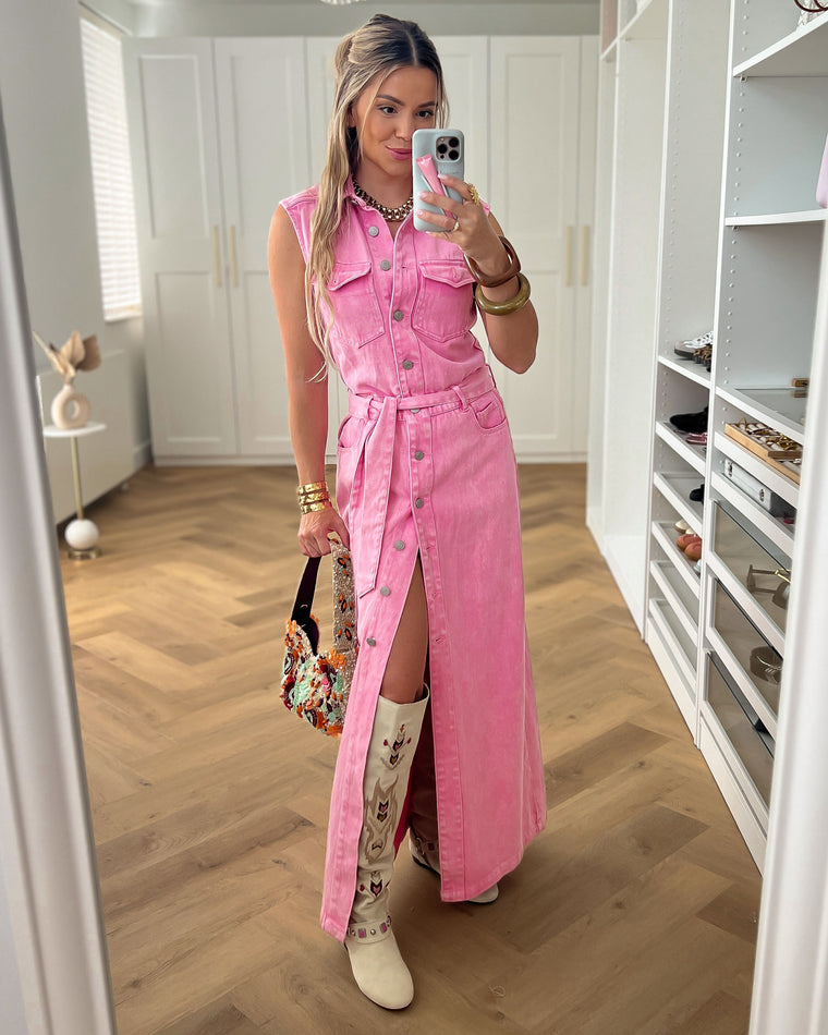 FREYA - Denim Sleeveless Dress in Washed Pink