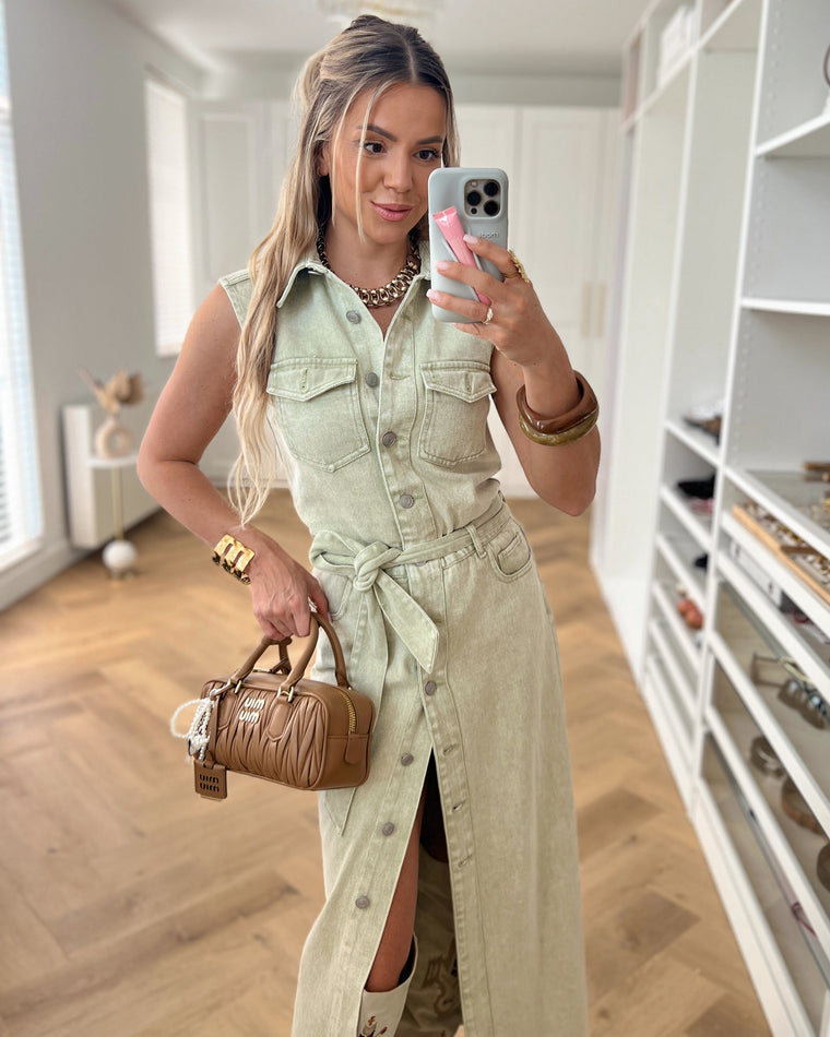 FREYA - Denim Sleeveless Dress in Washed Olive