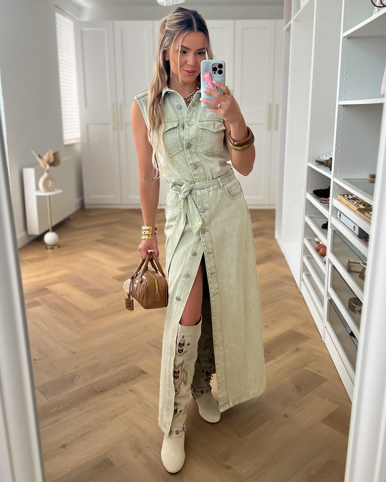 FREYA - Denim Sleeveless Dress in Washed Olive
