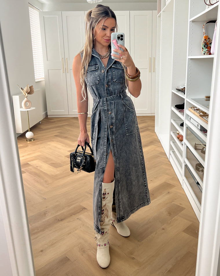 LUCY - Denim Sleeveless Dress in Washed Grey