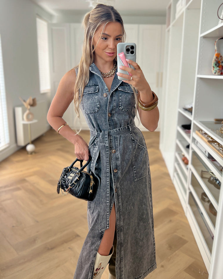 LUCY - Denim Sleeveless Dress in Washed Grey