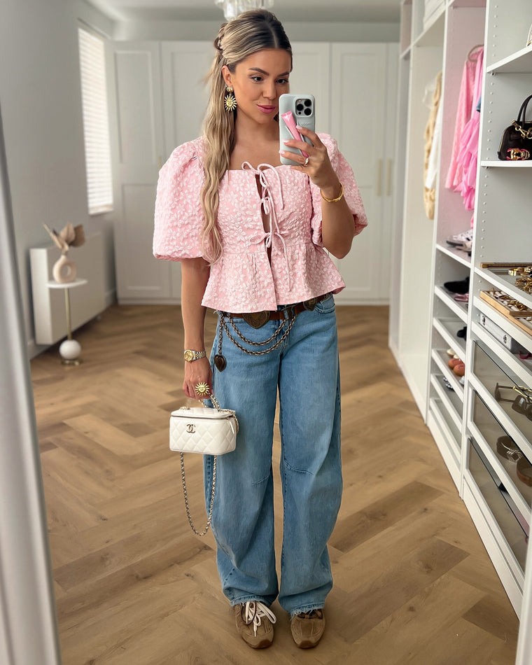 INES - Puff Sleeve Texture Top in Light Pink