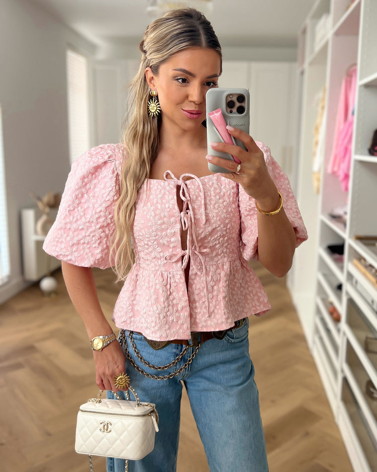 INES - Puff Sleeve Texture Top in Light Pink