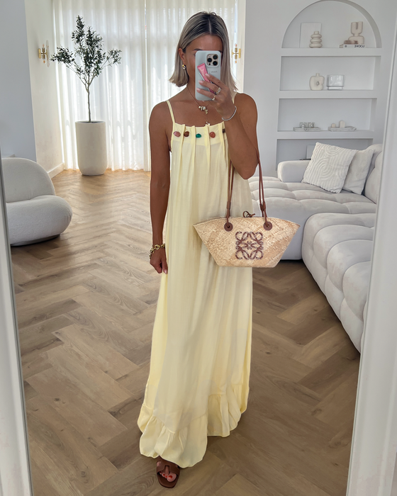 CAMILLE - Beaded Neck Dress in Butter Yellow