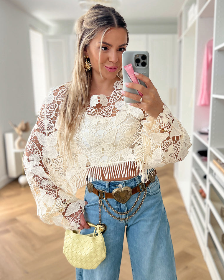 LAVENDER - Butterfly Crochet Crop Top in Off White