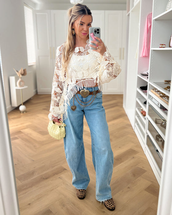 LAVENDER - Butterfly Crochet Crop Top in Off White