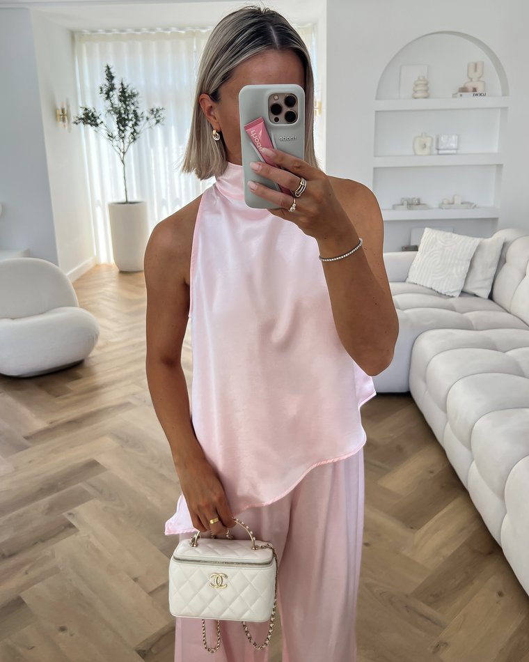 HARPER - Silky Top with Balloon Pants Set in Light Pink