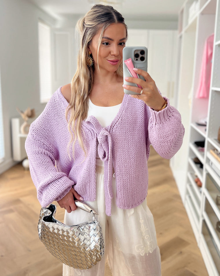 MICHA - Tie Knitted Cardigan in Lilac