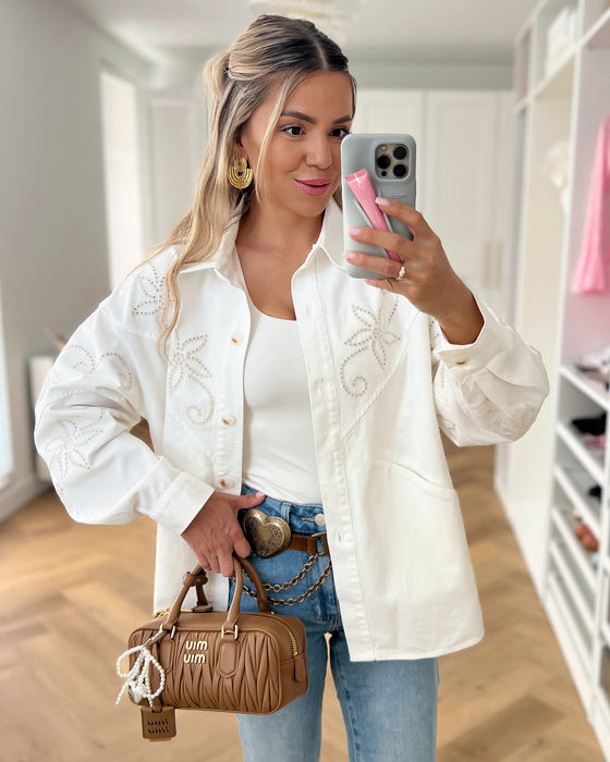 PHIL - Western Embroidery Denim Top in Off White