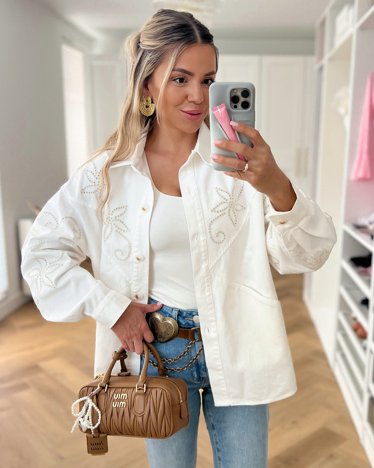 PHIL - Western Embroidery Denim Top in Off White