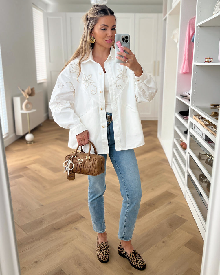 PHIL - Western Embroidery Denim Top in Off White
