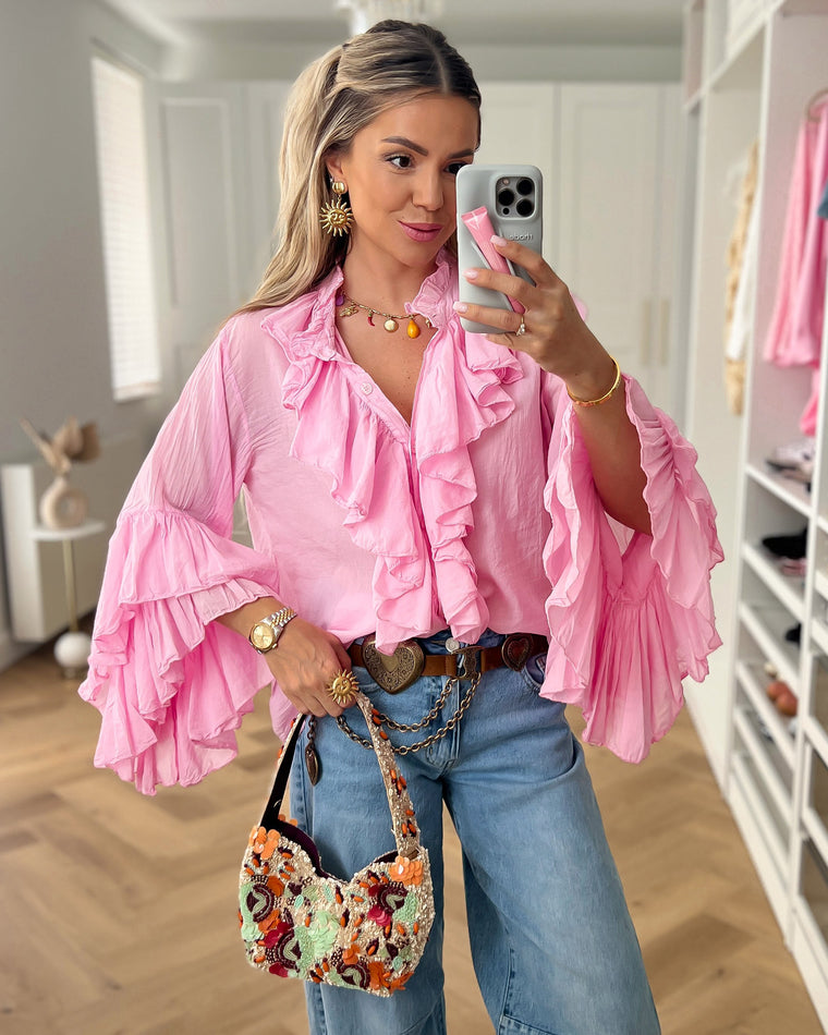 DILARA - Volant Blouse Top in Light Pink