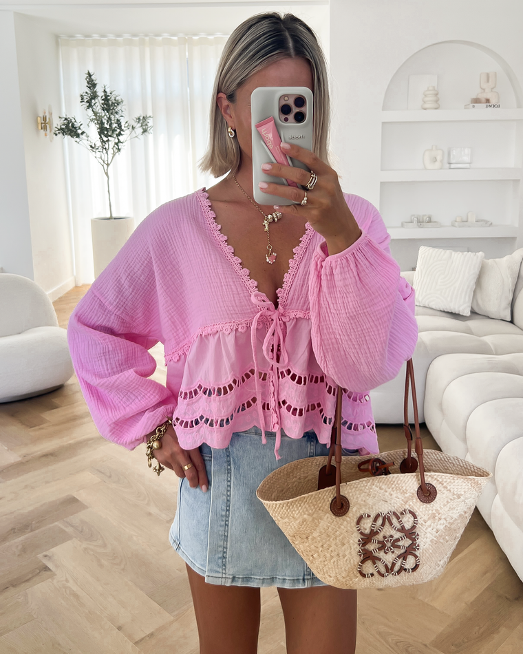 SALE - ELISE Embroidery Top in Pink