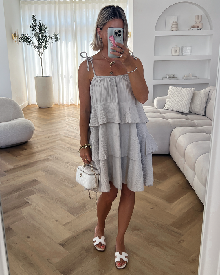 MIA - Shoulder Tie Mousseline Dress in Beige