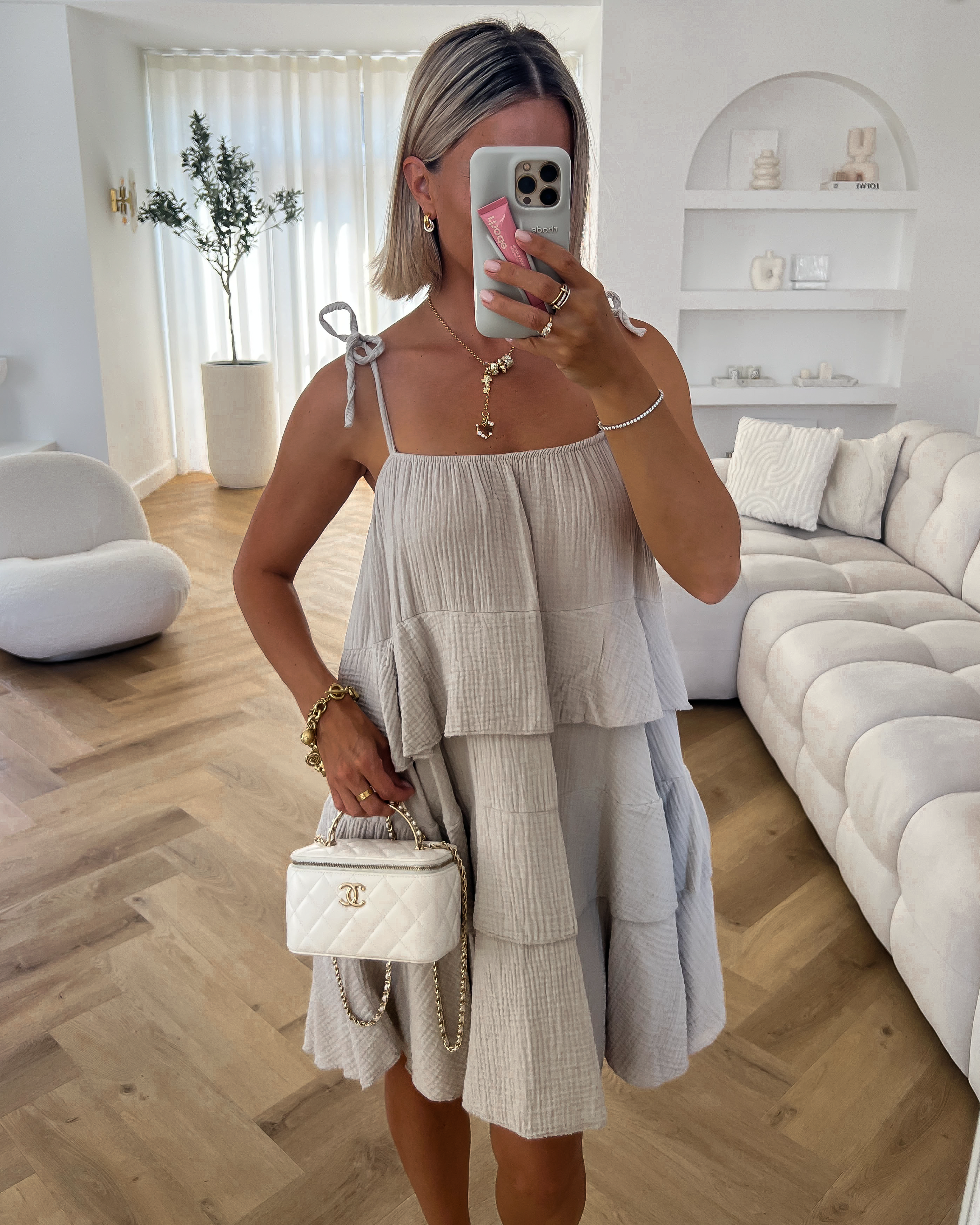 MIA - Shoulder Tie Mousseline Dress in Beige