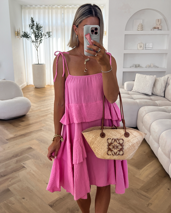 MIA - Shoulder Tie Mousseline Dress in Peony Pink