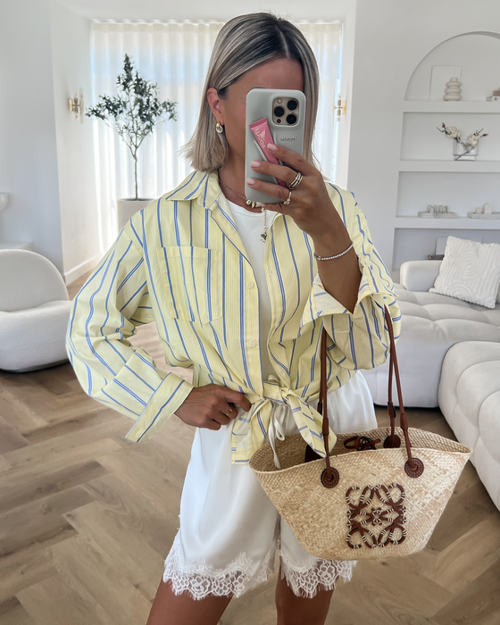 PATTY - Oversized Striped Cotton Blouse in Butter Yellow